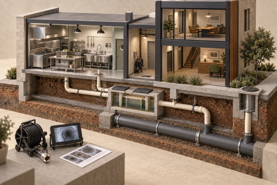 Conceptual architectural cutaway of a commercial kitchen, service corridor, grease interceptor and shared sanitary sewer beneath offices