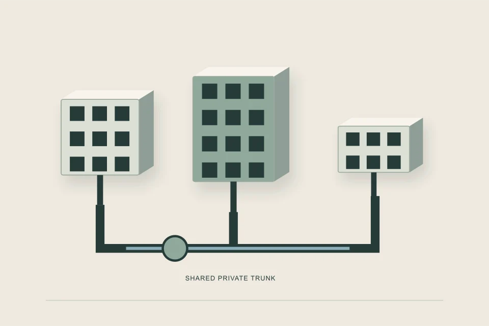 Conceptual illustration of multiple buildings discharging to a named shared private sewer trunk